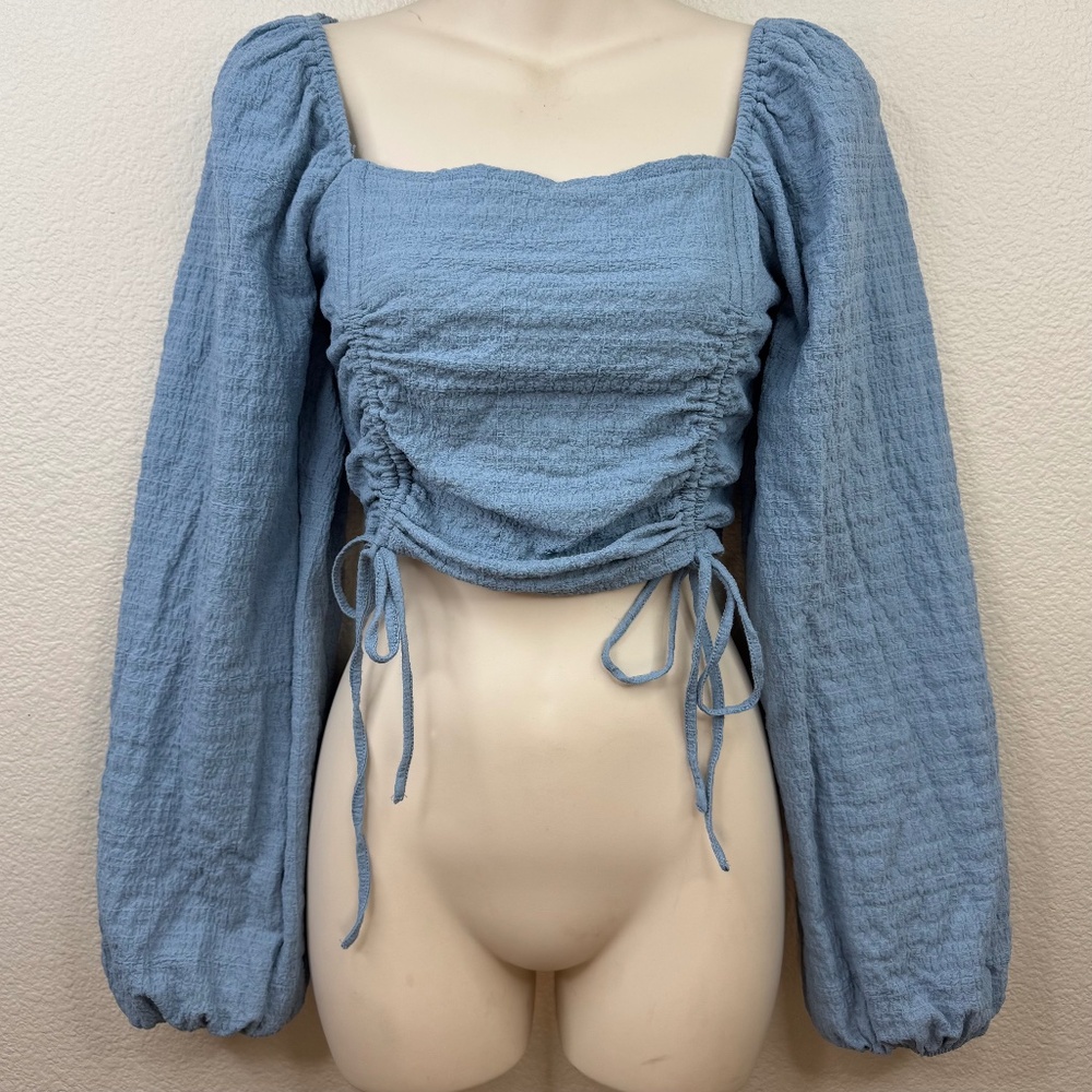 Sophie Rue Womens Blue Ruched LS Square Neck Casual Smock Crop Top Sz. Small S